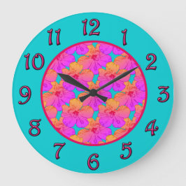 Hibiscus Flowers Pink on Turquoise Große Wanduhr