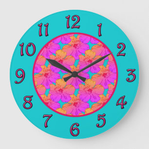 Hibiscus Flowers Pink on Turquoise Große Wanduhr