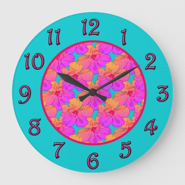 Hibiscus Flowers Pink on Turquoise Große Wanduhr (Vorderseite)