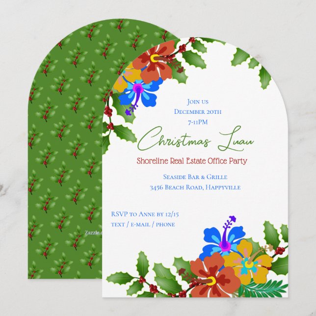 Hibiscus in Holly Christmas Bureau Fête Invitation (Devant / Derrière)
