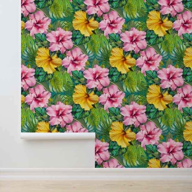 Hibiscus Jungle Seamless Pattern Tapete (Anwendung)