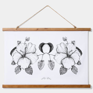 Hibiscus-Plakat B&W-Tuschezeichnung Wandteppich Mit Holzrahmen
