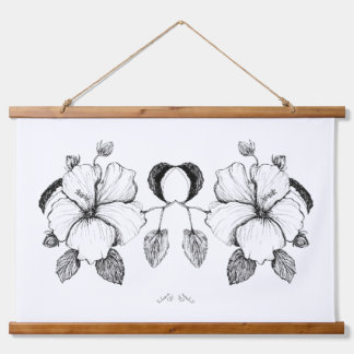 Hibiscus-Plakat B&W-Tuschezeichnung Wandteppich Mit Holzrahmen
