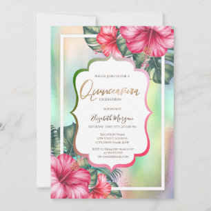 Hibiscus-Rahmen Holografische Quinceanera Einladung