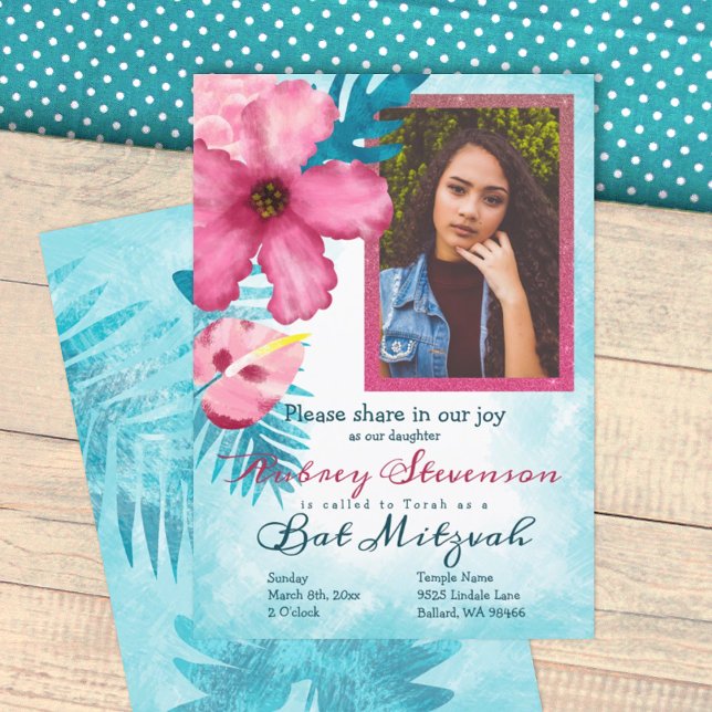 Hibiscus rose, Invitation Bat mitzvah bleu Turquoi (turquoise blue and pink bat mitzvah invitation, hibiscus flower, 12th birthday party invitation)