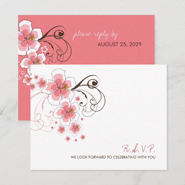 Hibiscus rose Tropical Beach Wedding Carte RSVP (Devant / Derrière)