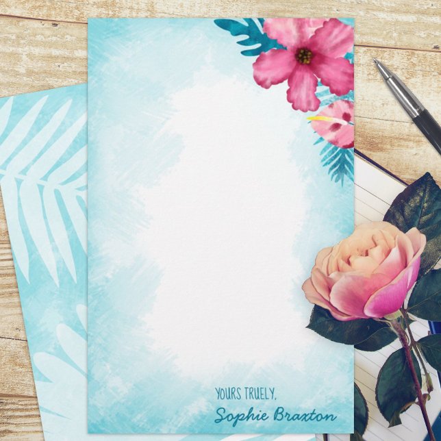 Hibiscus rose tropical Papeterie personnalisée (tropical pink hibiscus flower turquoise budget personalized letter writing stationary paper sheets)