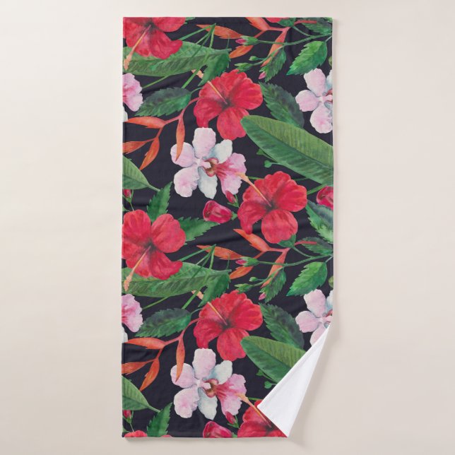 hibiscus rouge, orchidées, aquarelle tropicale. (Serviette de bain)