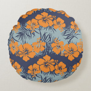 Hibiscusblüten: Vintage-Blumen-Wallpaper Rundes Kissen