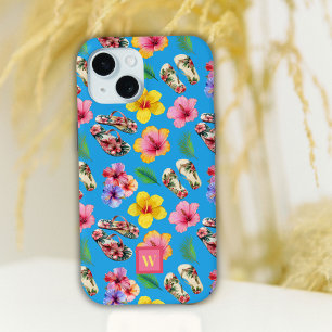 Hibisken-Blume Flippen Flops Rosa Monogramm auf Bl Case-Mate iPhone Hülle