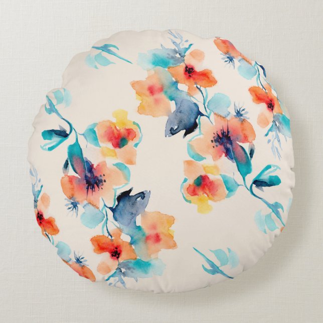 Hibisken-Blume: Illustrationsmuster für Wasserfarb Rundes Kissen (Vorderseite)