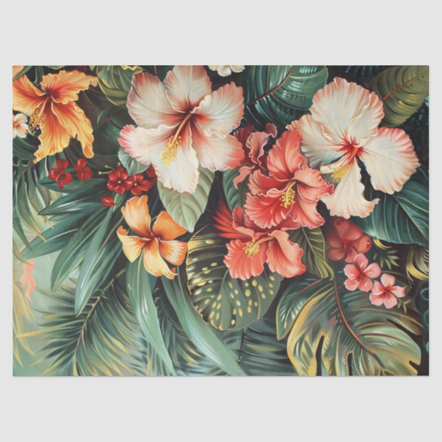 Hibisken Blume Palm Fronds Tropical Decoupage Seidenpapier (Vorderseite)