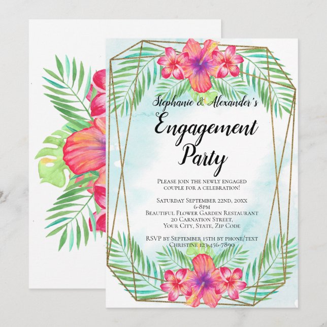 Hibisken Blume Watercolor Beach Engagement Party Einladung (Vorne/Hinten)