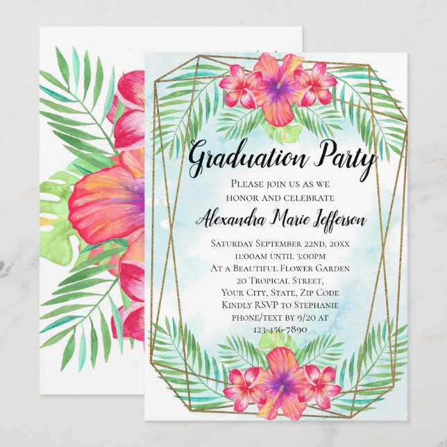 Hibisken Blume Watercolor Beach Graduation Party Einladung (Vorne/Hinten)
