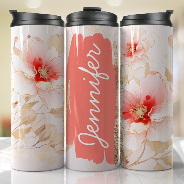 Hibisken Hinzufügen von Namen Peach Floral benutze Thermosbecher (Floral Personalized Tumbler)