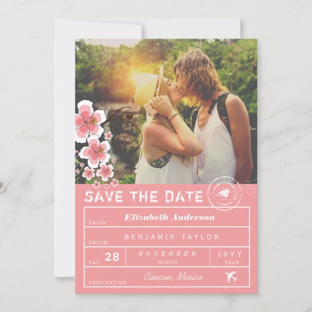 Hibisken Hochzeit in Urlaubsort Gepäckanhänger Fot Save The Date (Vorderseite)