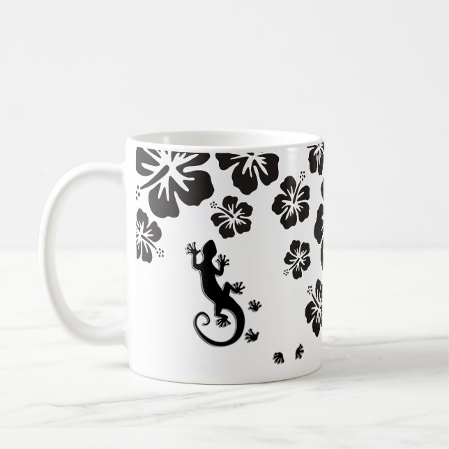 Hibiskus blüht schwarz mit Geckos Kaffeetasse (Links)