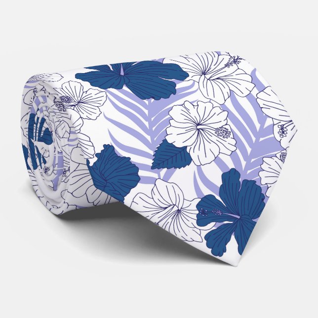 Hibiskus Blume Blue White Beach Hochzeit Krawatte (Gerollt)