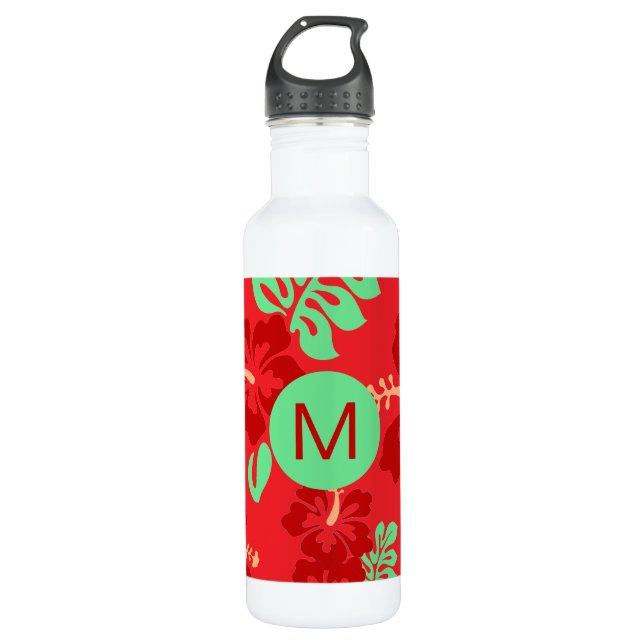 Hibiskus-Blume rotes Troisches Muster Monogramm Edelstahlflasche (Vorderseite)