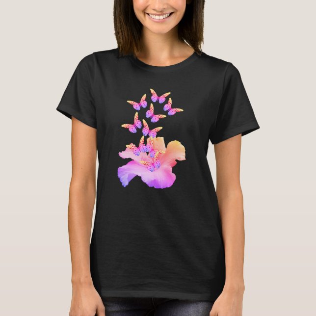 Hibiskus Blume und farbenfrohe Schmetterlinge Abst T-Shirt (Vorderseite)