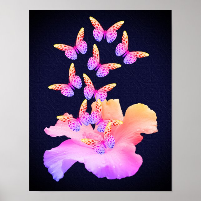 Hibiskus Blume und farbenfrohe Schmetterlinge auf  Poster (Vorne)
