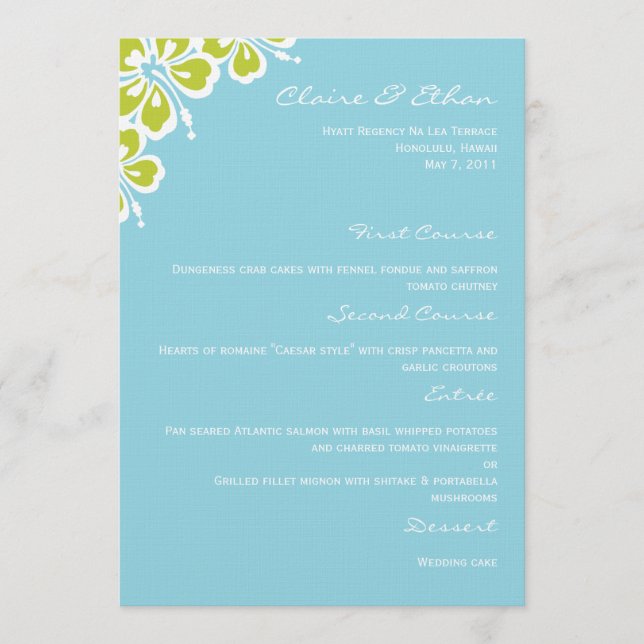 Hibiskus Delight Wedding Menu Card - Sky Blue Blue Menükarte (Vorderseite)