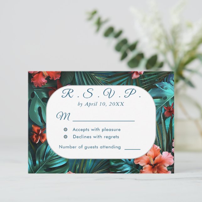 Hibiskus Dream Tropical Wedding RSVP Card (Stehend Vorderseite)