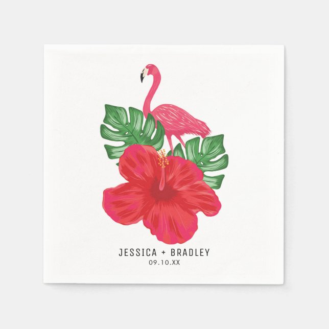 Hibiskus & Flamingo Tropical Wedding Paper Napkins Serviette (Vorderseite)