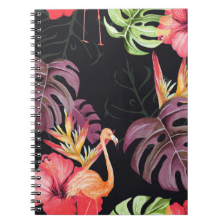 Hibiskus, Flamingos, tropisches Watercolor-Muster. Notizblock