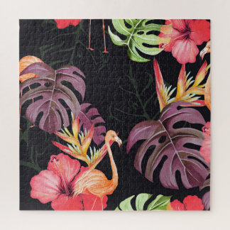 Hibiskus, Flamingos, Wasserfarben-Tropenmuster.
