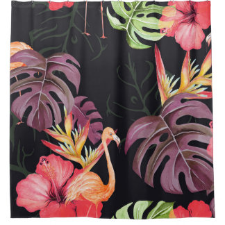 Hibiskus, Flamingos, Wasserfarbenes tropisches Mus Duschvorhang