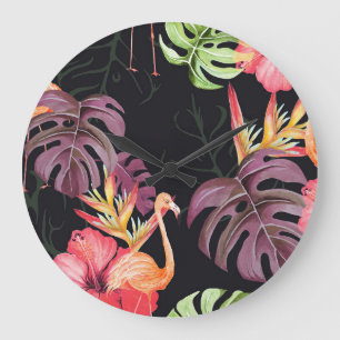 Hibiskus, Flamingos, Wasserfarbenes tropisches Mus Große Wanduhr