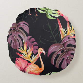 Hibiskus, Flamingos, Wasserfarbenes tropisches Mus Rundes Kissen