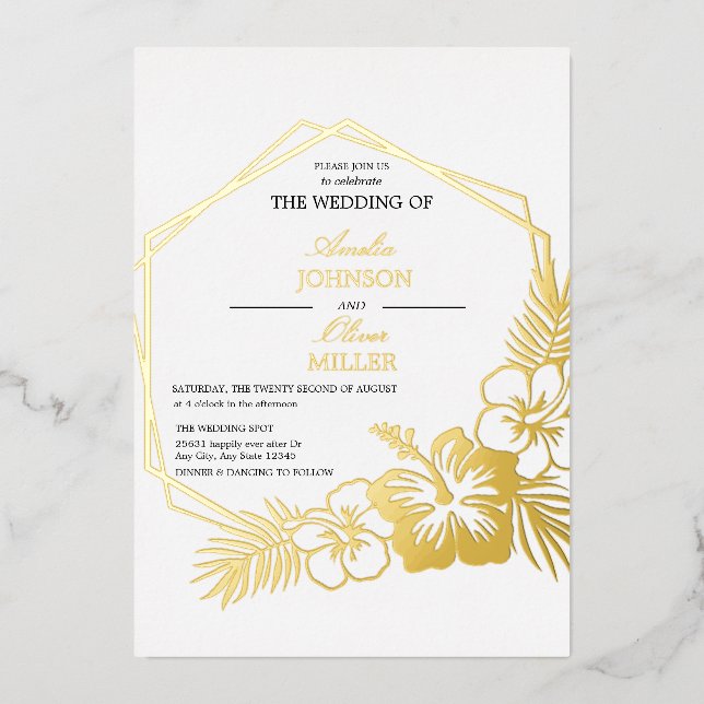 Hibiskus Floral Hexagon Rahmen Wedding Gold Folieneinladung (Vorderseite)