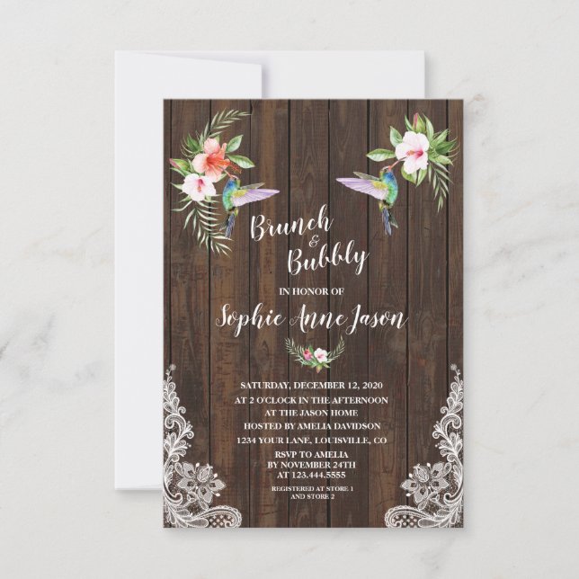Hibiskus Floral Hummingbird Brunch und Bubbly Einladung (Vorderseite)