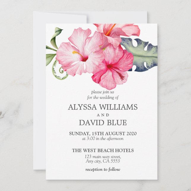 Hibiskus Floral Watercolor Romantische Hochzeit Einladung (Vorderseite)