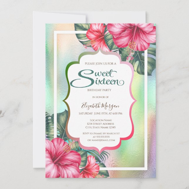 Hibiskus Frame Holographic Sweet 16 Einladung (Vorderseite)
