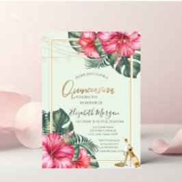 Hibiskus, Gold Heelse Glitzer Quinceanera Einladung