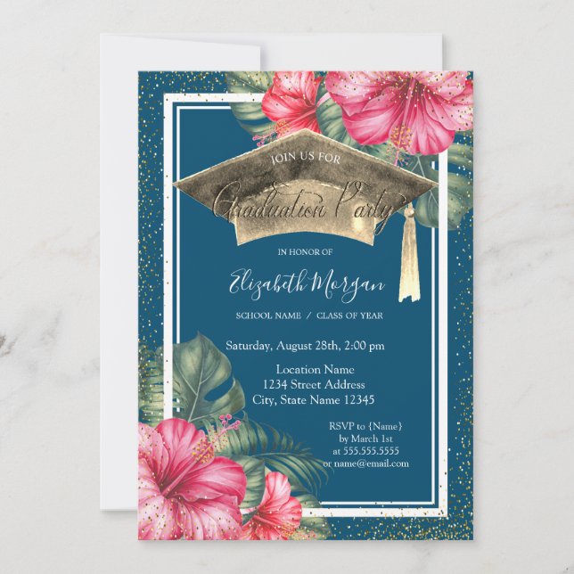 Hibiskus, Graduation Cap Blue Graduation Party Einladung (Vorderseite)