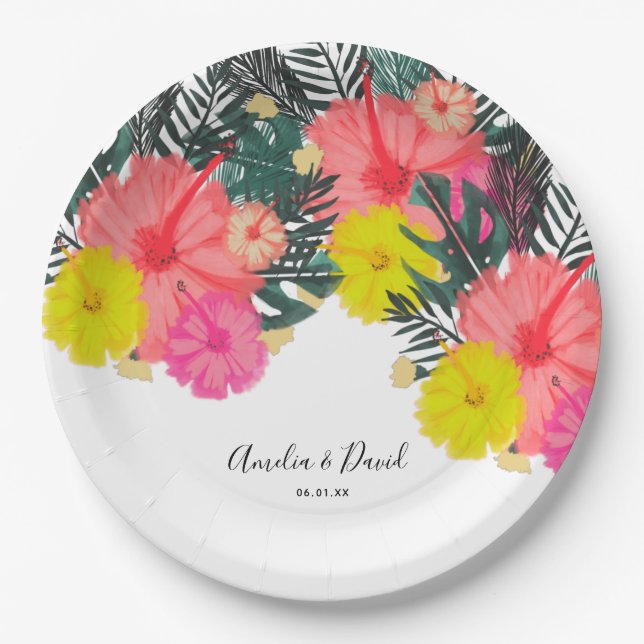 Hibiskus Hawaii Tropical Hand Drawn Bright Wedding Pappteller (Vorderseite)