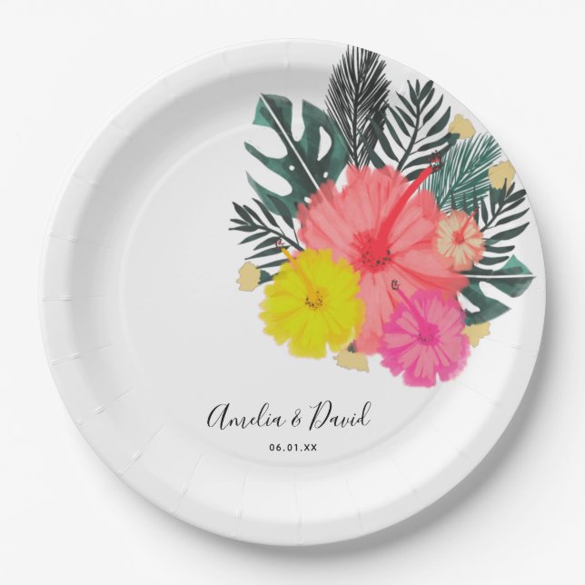 Hibiskus Hawaii Tropical Hand Drawn Floral Wedding Pappteller (Vorderseite)