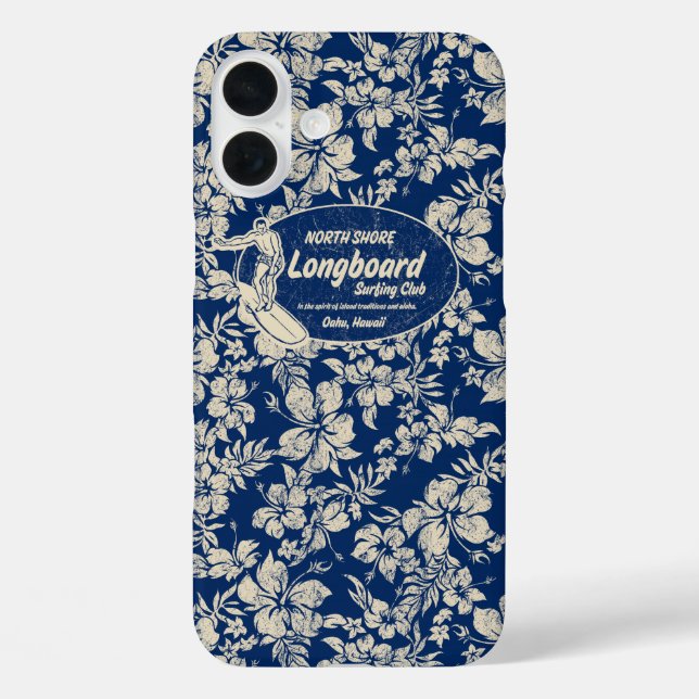 Hibiskus Hawaiian Navy, Longboard-Surfbrett iPhone 16 Plus Hülle (Rückseite)
