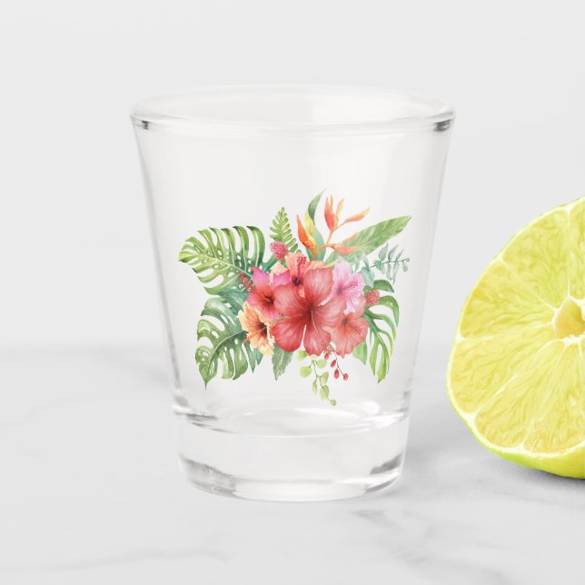 Hibiskus in Aquarellfarbe Rot und Orange Schnapsglas (Vorderseite)