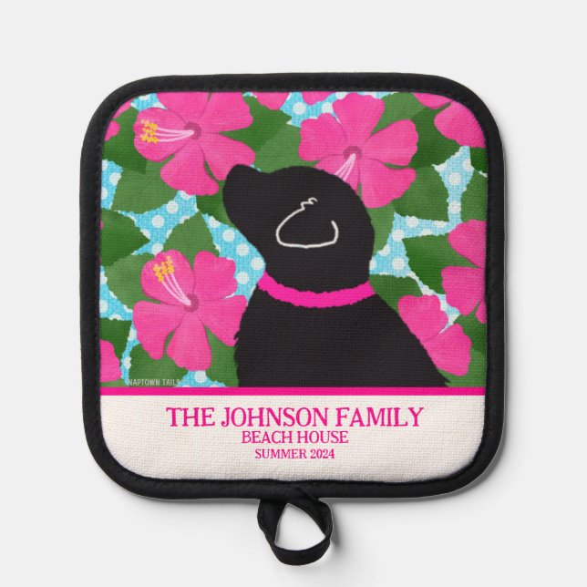 Hibiskus Island Black Dog Pot Holder Topflappen (Vorderseite)