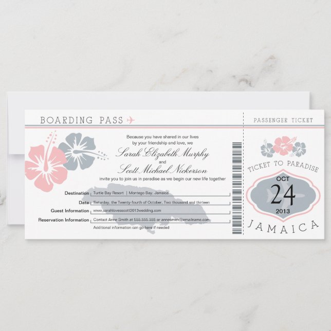 Hibiskus Jamaica Boarding Pass Hochzeit Einladung (Vorderseite)