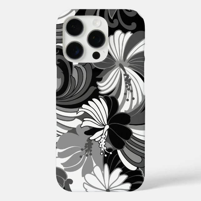 Hibiskus Jungle Hawaiian Black and Gray iPhone 16 Pro Hülle (Rückseite)