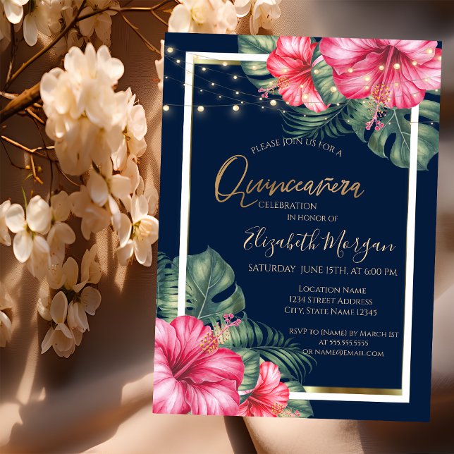 Hibiskus, Leuchten, Holz, Rahmen Quinceanera Einladung (Von Creator hochgeladen)