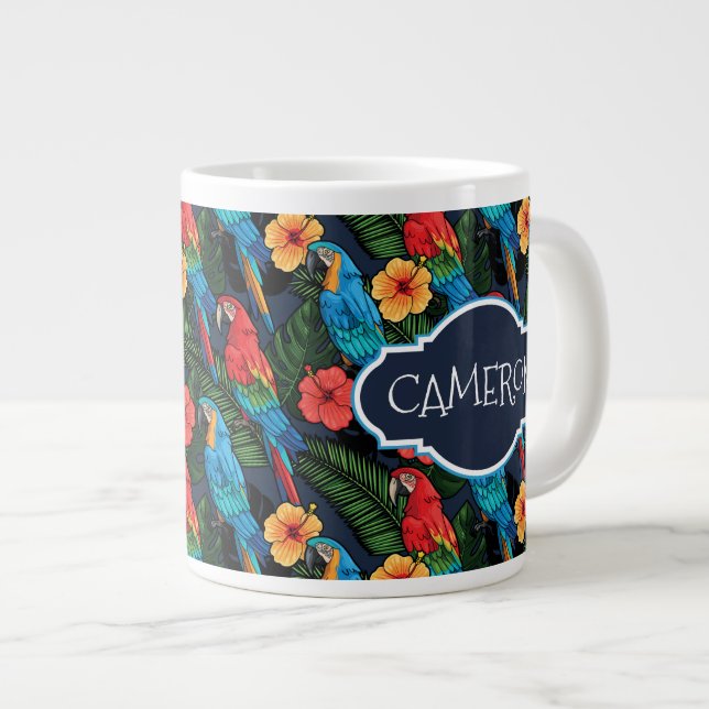 Hibiskus-Muster| Name hinzufügen Jumbo-Tasse (Vorderseite Rechts)