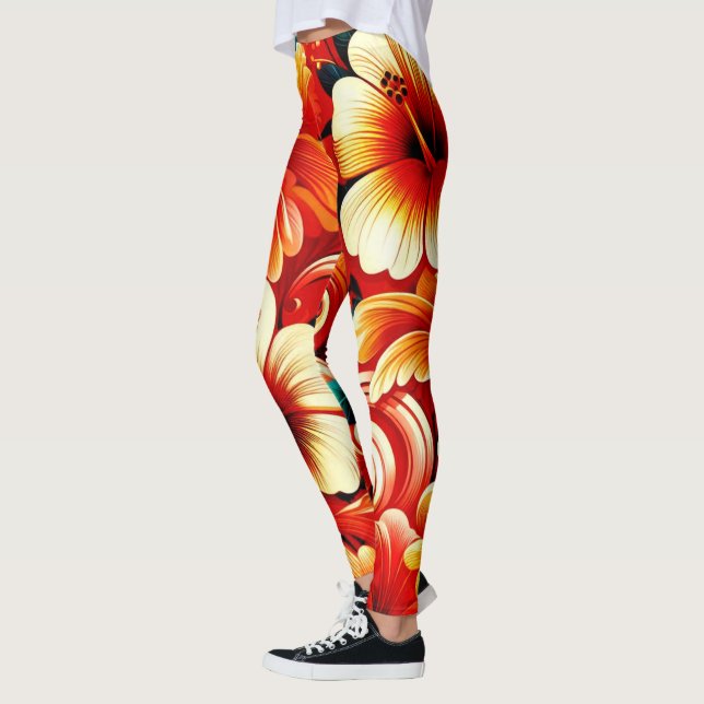 Hibiskus Orange Yellow, tropische hawaiianische Bl Leggings (Links)