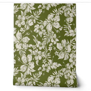 Hibiskus Pareau Distressed Hawaiian - Dunkles Oliv Tapete